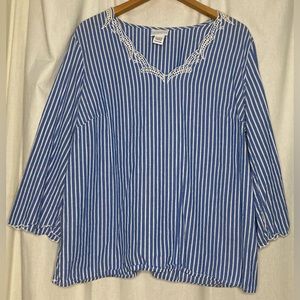Liz Claiborne Extra Large Long Sleeve Shirt with Blue and White Stripes & Lace